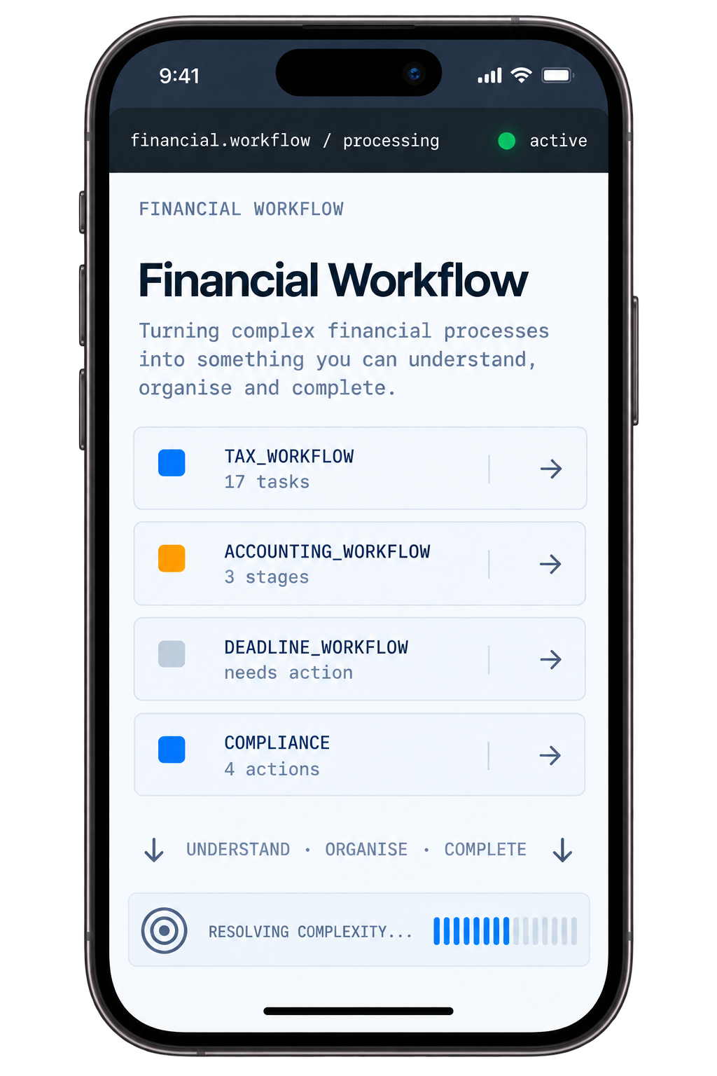Uracline Space financial workflow application displayed on a mobile phone